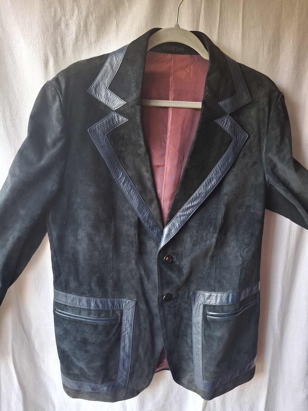 Vintage English Men's Black Suede Blazer with Leather Trim